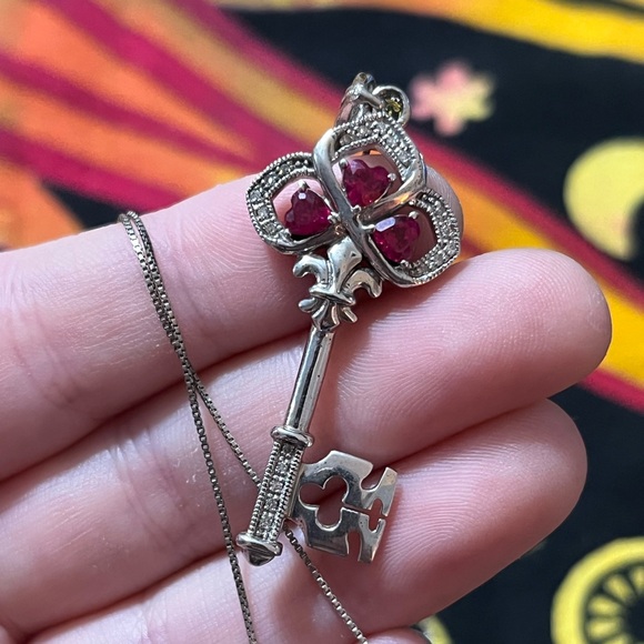 Vintage Jewelry - VTG Valentine’s Heart Ruby Skeleton Key Sterling Silver 925 Pendant and Chain